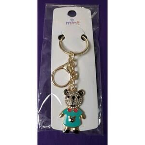 Mint Turquoise & Pink Bear Rhinestone Purse Charm Key Ring Chain Gold Tone New
